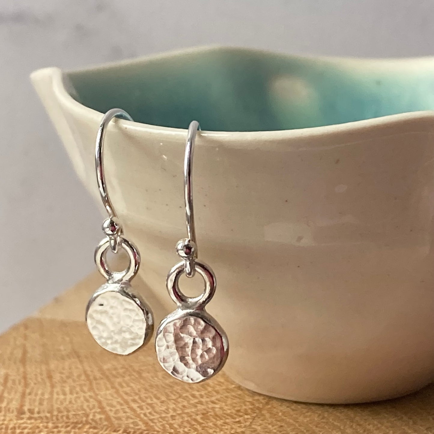 Dainty Hammered Silver Drop Earrings