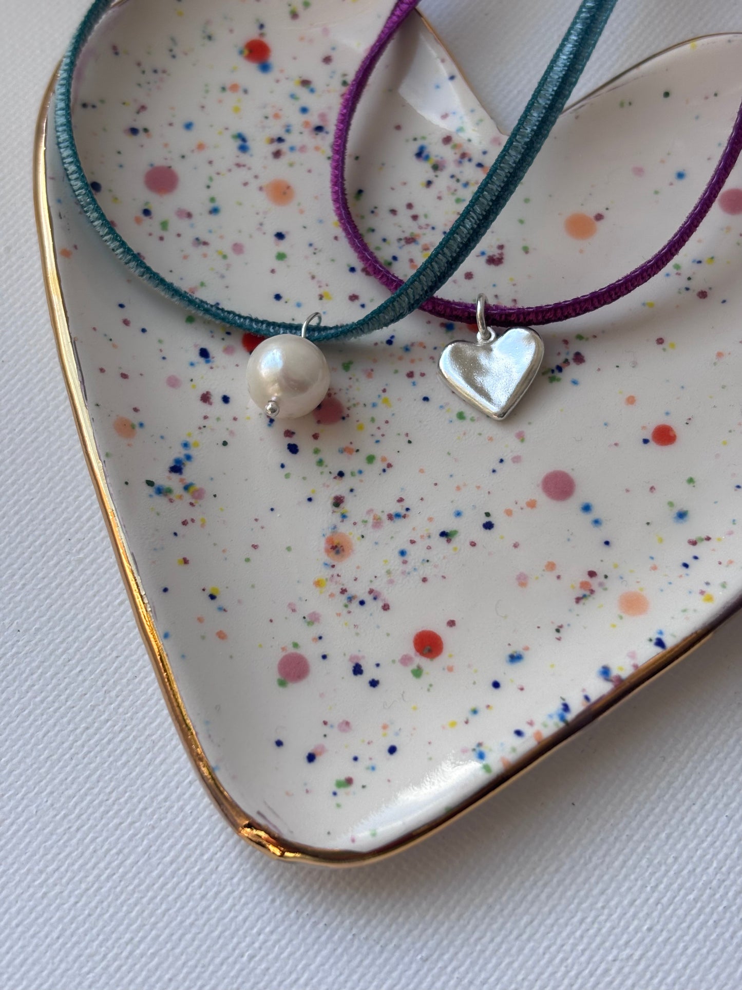 Velvet Ribbon & Freshwater Pearl/Silver Heart Charm.