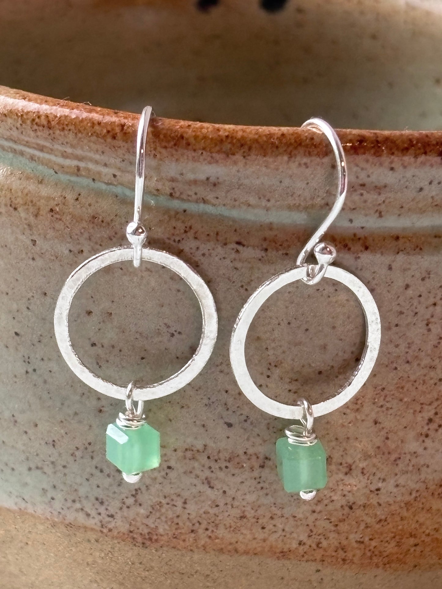 Silver Hoops Green Beads