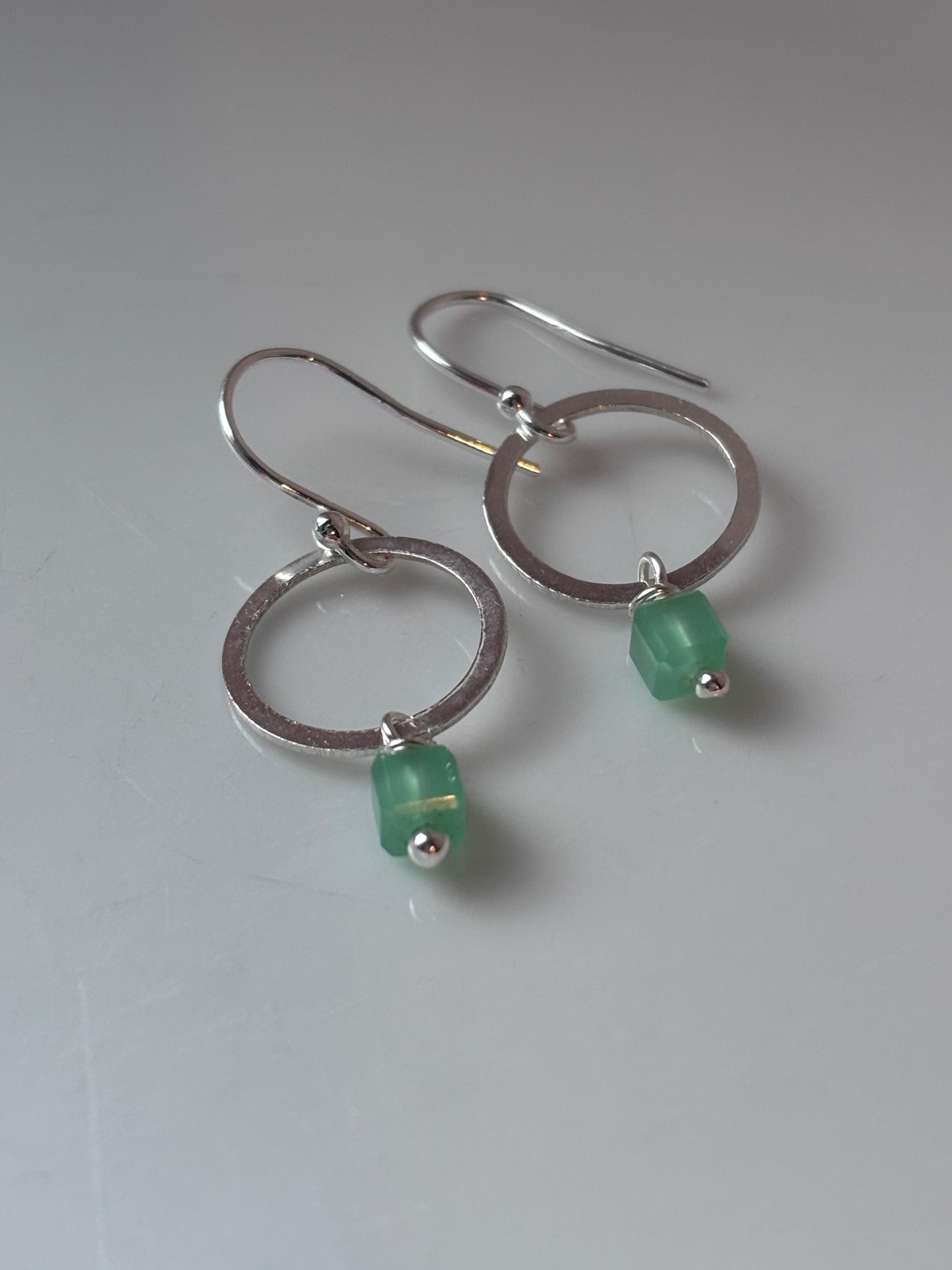 Silver Hoops Green Beads