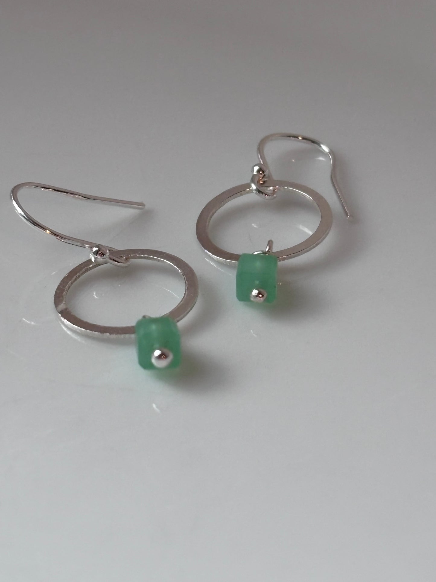 Silver Hoops Green Beads