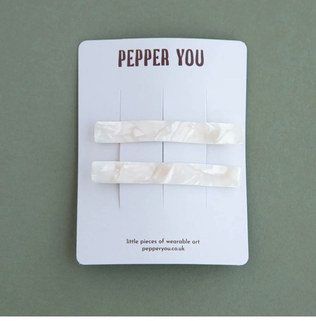 PEARLY WHITE MARBLE HAIR SLIDES - SET OF 2