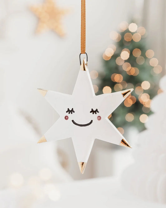 White Star Christmas Ornament with Smiley Face and Gold Tips