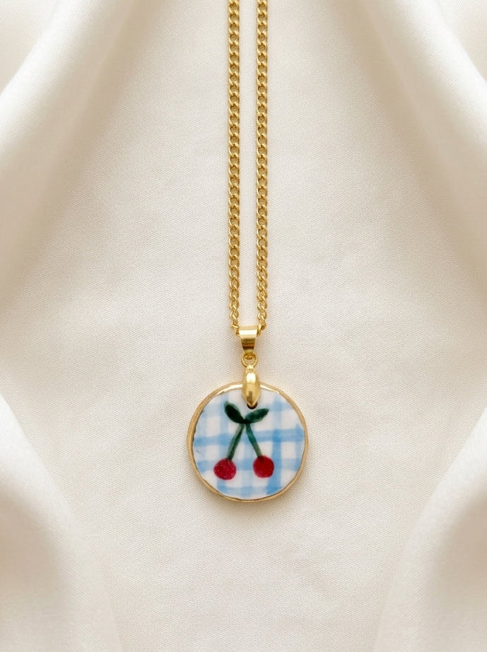 Cherry and Blue Check Ceramic Pendant