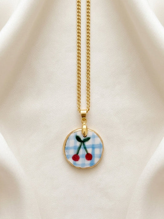 Cherry and Blue Check Ceramic Pendant