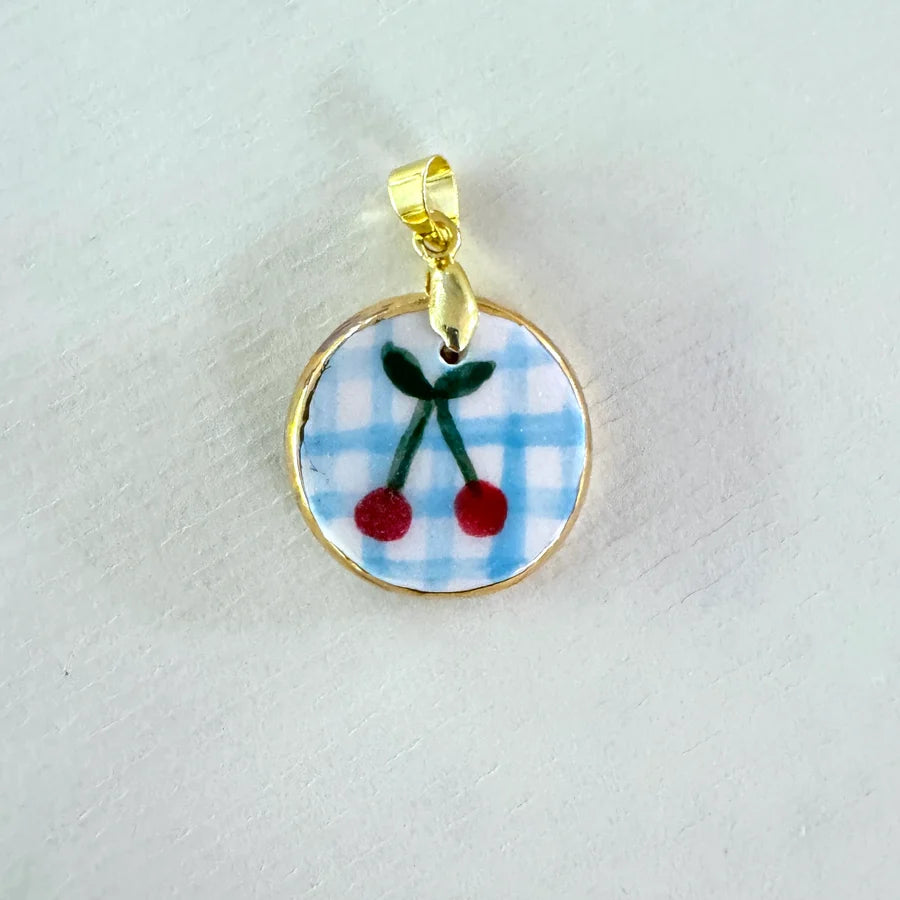 Cherry and Blue Check Ceramic Pendant