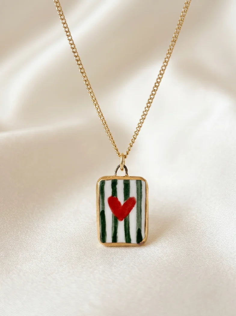 Heart with Green Stripes Ceramic
Pendant and Necklace