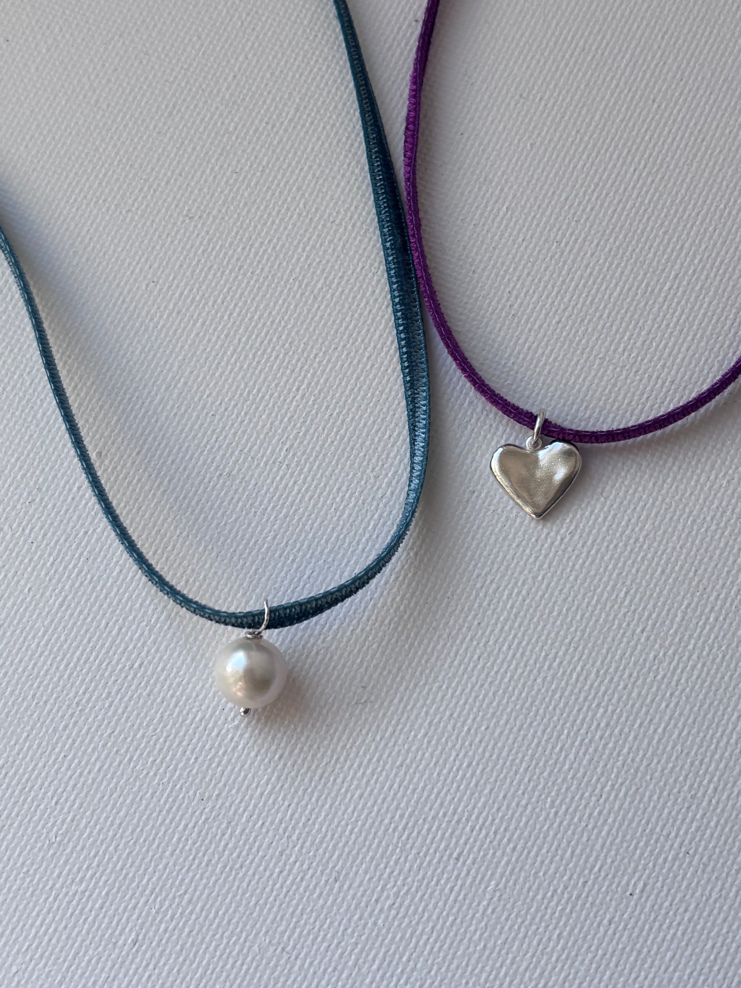 Velvet Ribbon & Freshwater Pearl/Silver Heart Charm.