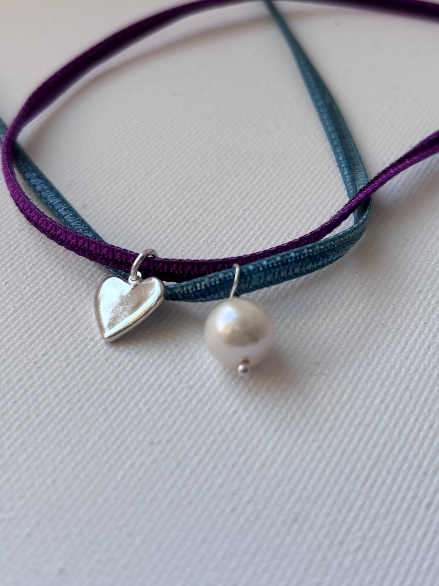 Velvet Ribbon & Freshwater Pearl/Silver Heart Charm.