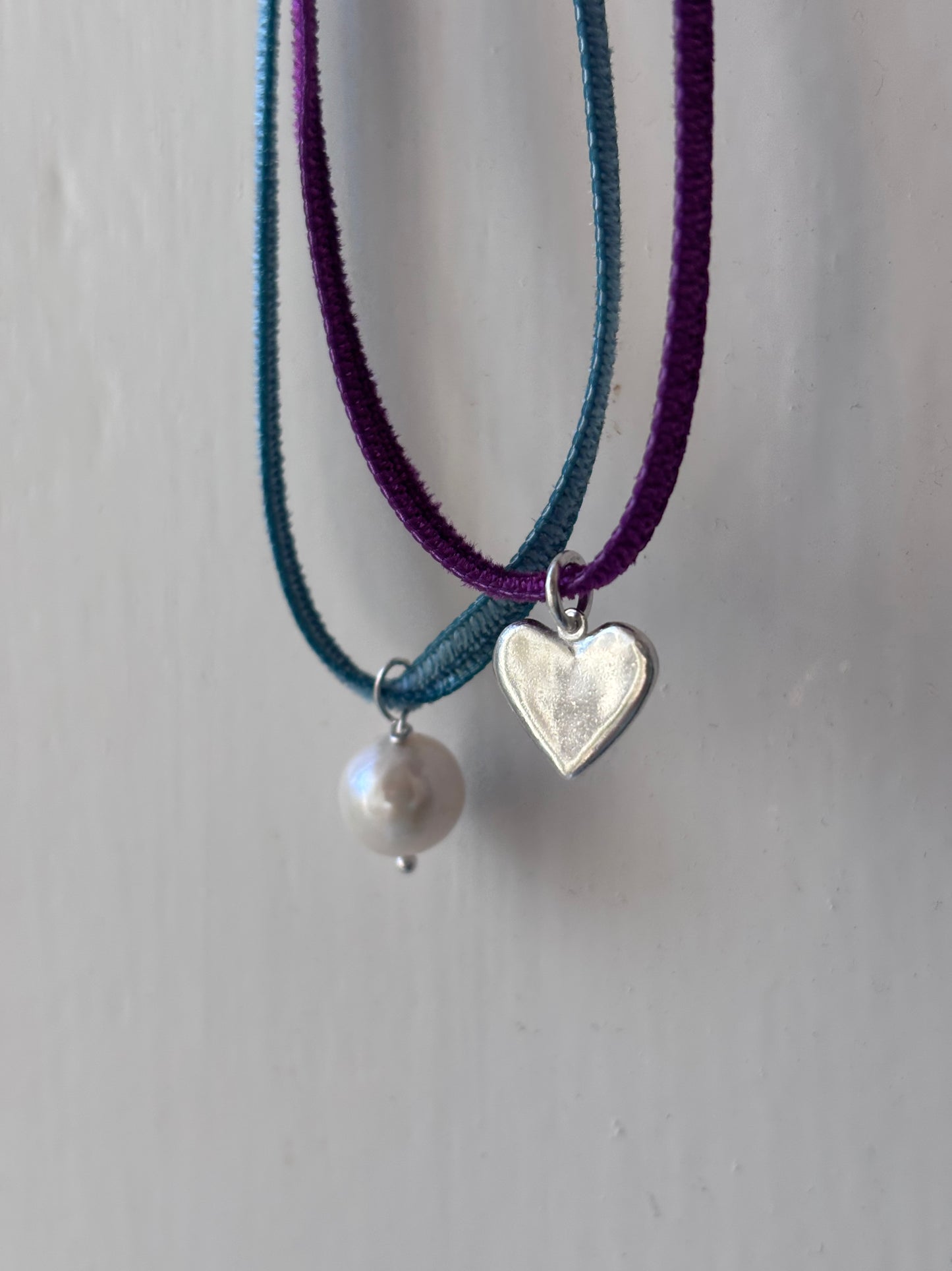 Velvet Ribbon & Freshwater Pearl/Silver Heart Charm.